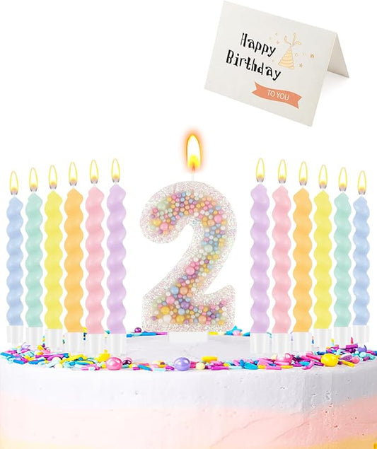 Birthday Candles for Cake, Pink Number Candles, Cake Candles with Greeting Card for Birthday Party Wedding Anniversary Celebrations（2 Candle,White Number Macaron）