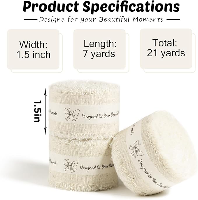Linen Cotton Ribbon 1-1/2 Inch Linen 3 Rolls 21 Yards Frayed Edge Fabric Set for Rustic Wedding Decor, Bridal Bouquet Wrap, Farmhouse Decor, Table Setting & Gift Wrapping