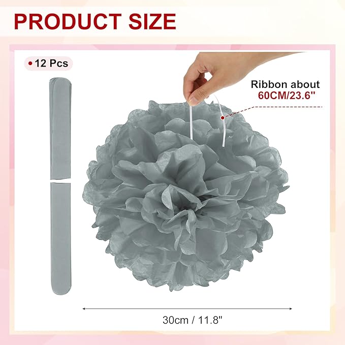 PATIKIL 12inch Tissue Paper Pom Poms, 12PCS Pom Poms Paper Flowers Ball Tissue Paper Flowers for Wedding Bridal Shower Birthday Bachelorette Party Backdrop Decoration, Grey