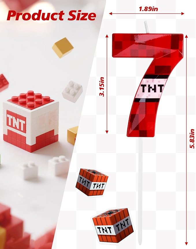 Number 7 Red Pixel Birthday Candle, TNT Themed Birthday Candles for Cake, 2.72 Inch Green Miner Number Candles, Game Themed Candle Birthday Decoration, Red Birthday Cake Topper for Boys Girls Party