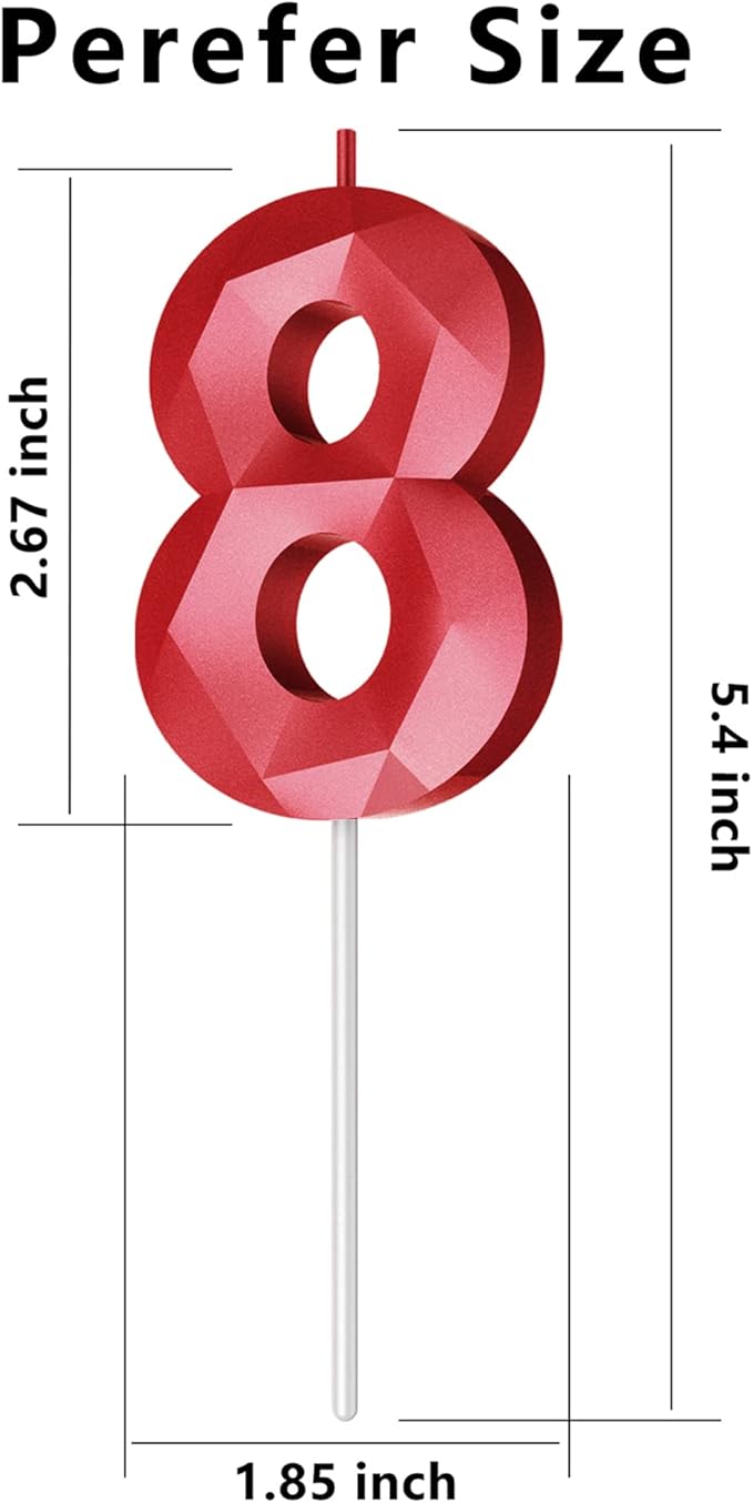 Number Birthday Candles(8 Candle Red) 3D Diamond Shape Number Happy Birthday Cake Candles for Birthday Party Wedding Decoration Reunions Theme Party