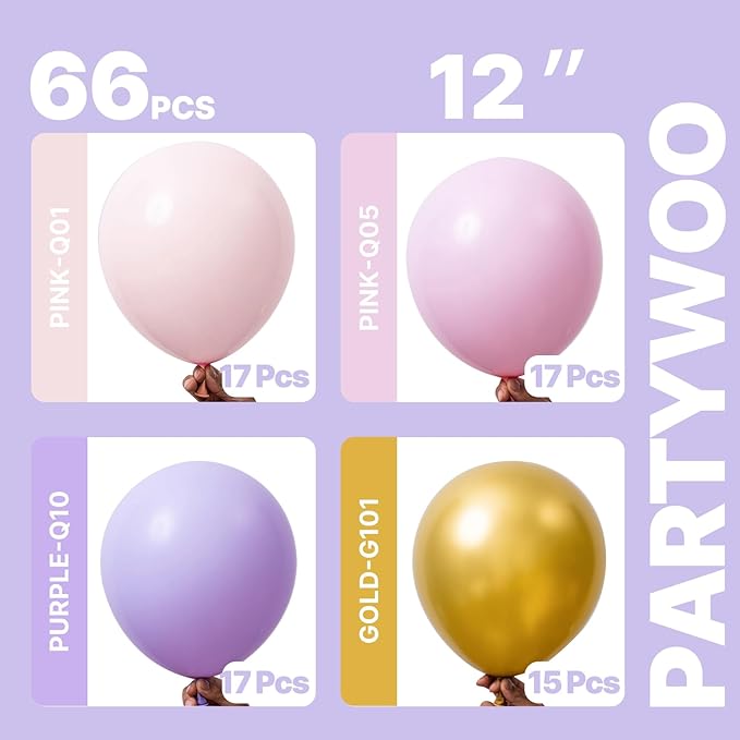 PartyWoo Pink Purple and Gold Balloons 66pcs 12 Inch Baby Pastel Light Pale Pink Purple Metallic Gold Balloons for Graduation Baby Shower Birthday Butterfly Anniversary Princess Party Decorations