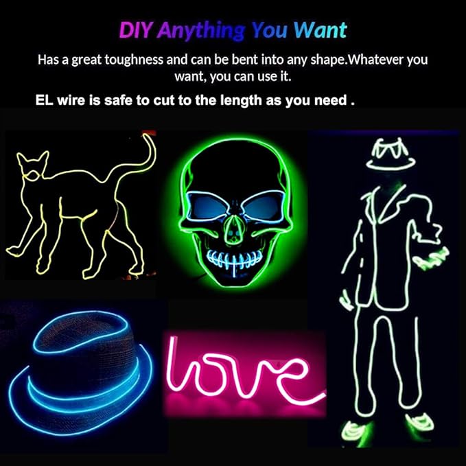 MaxLax EL Wire Purple 10-Pack, 16.4ft/5m Neon Light Wire with Noise Reduction and Battery Pack…