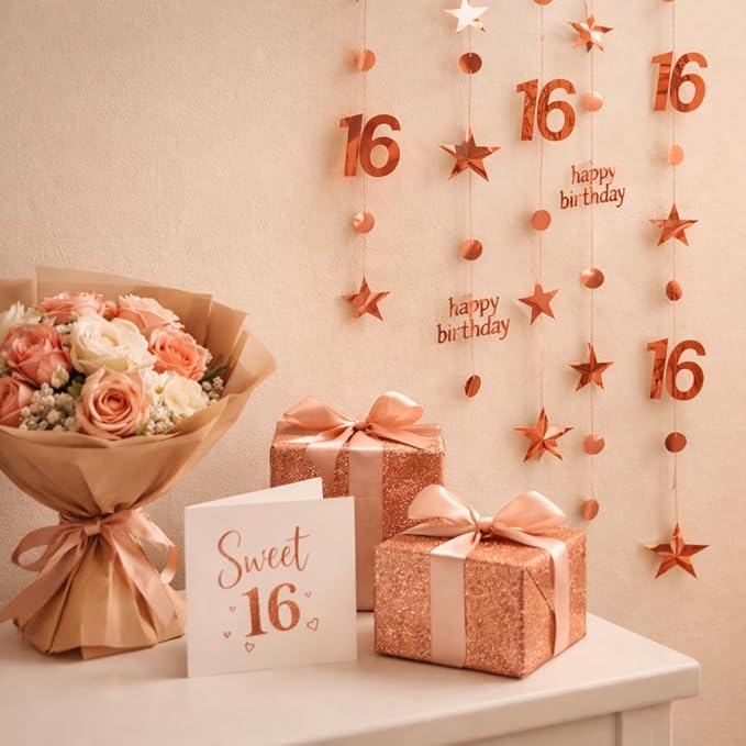 GCQQ 16th Birthday Decorations for Girls – 46FT Rose Gold Happy Birthday Number 16 Star Circle Dot Star Garland Set (14M) 4 Packs Pre-Strung Metallic Hanging Streamers for Sweet 16 Party Backdrop