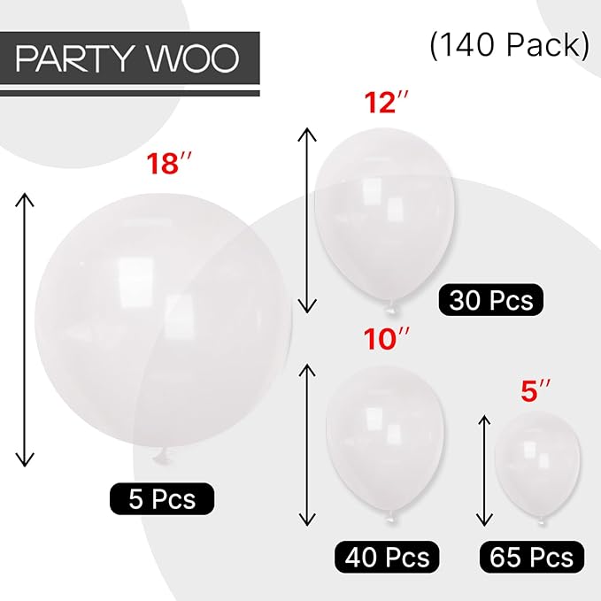 PartyWoo Clear Balloons 140pcs Different Sizes of 18 12 10 5 Inch Transparent Balloon Arch Kit for Graduation Wedding Baby Shower Bridal Shower Anniversary Birthday Party Decorations Clear-Y2