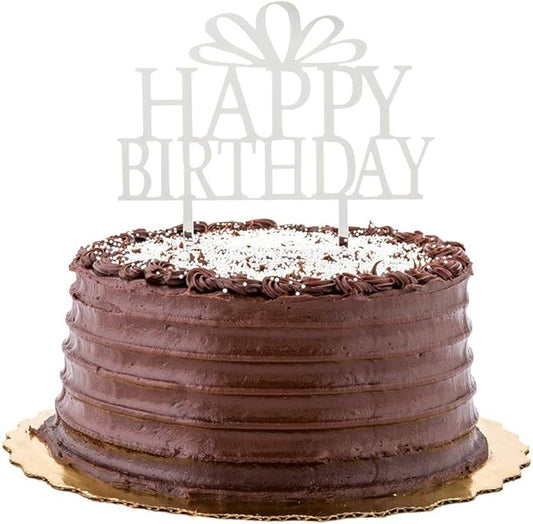 Top Cake 6 x 5.8 Inch Happy Birthday Cake Topper, 1 Mirrored Birthday Cake Decoration - With Bow, Durable, Silver Acrylic Birthday Topper For Dessert And Party Decorations - Restaurantware