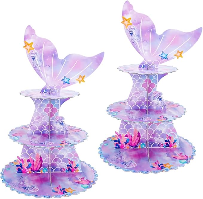 MRPAPA 2Pack Mermaid Cupcake Stand, 3 Tier Party Decorations Mermaid Theme Cupcake Holder Baby Shower Cup Cake Holder Birthday Dessert Stand
