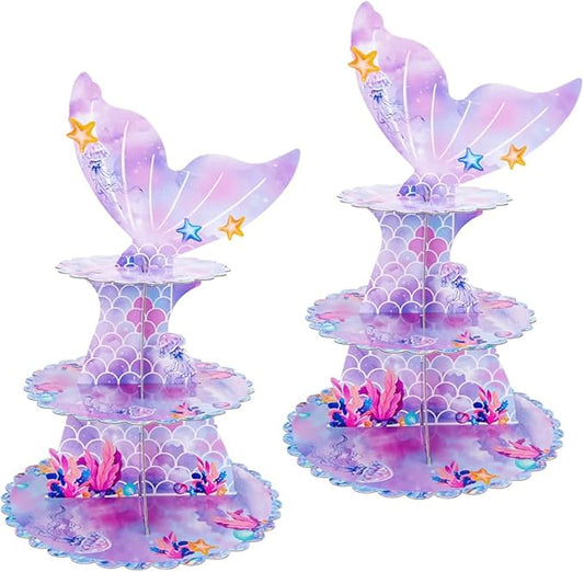 MRPAPA 2Pack Mermaid Cupcake Stand, 3 Tier Party Decorations Mermaid Theme Cupcake Holder Baby Shower Cup Cake Holder Birthday Dessert Stand