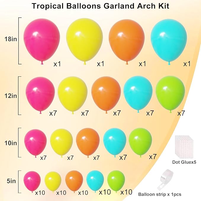 Tropical Balloons, Hawaiian Party Balloons, Hot Pink Orange Teal Green and Yellow Latex Balloon for Summer Birthday Baby Shower Tropical Party Decorations