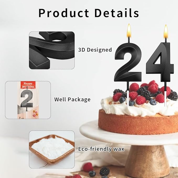 24th Birthday Candles 24 Candles for 24th Birthday Decorations for Boys Happy 24 Birthday Cake Topper Black Birthday Candles Black Number Candles (24)