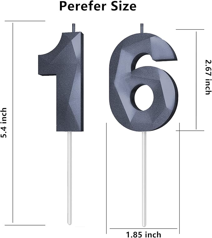 Number Birthday Candles(16 Candle Black) 3D Diamond Shape 16th Happy Birthday Cake Topper Decorations for Boy Men Birthday Wedding Anniversary Celebration Theme Party Supplies