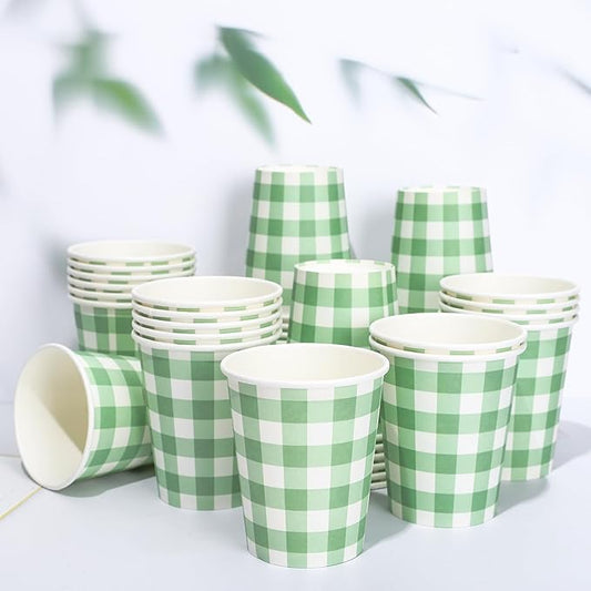 Whaline 50Pcs Buffalo Plaids Paper Cups Sage Green Checkered Disposable Cups Decorative Drinking Cup for Valentine’s Day Birthday Party Cold Hot Drinkware Tableware Decor Supplies, 9 Oz