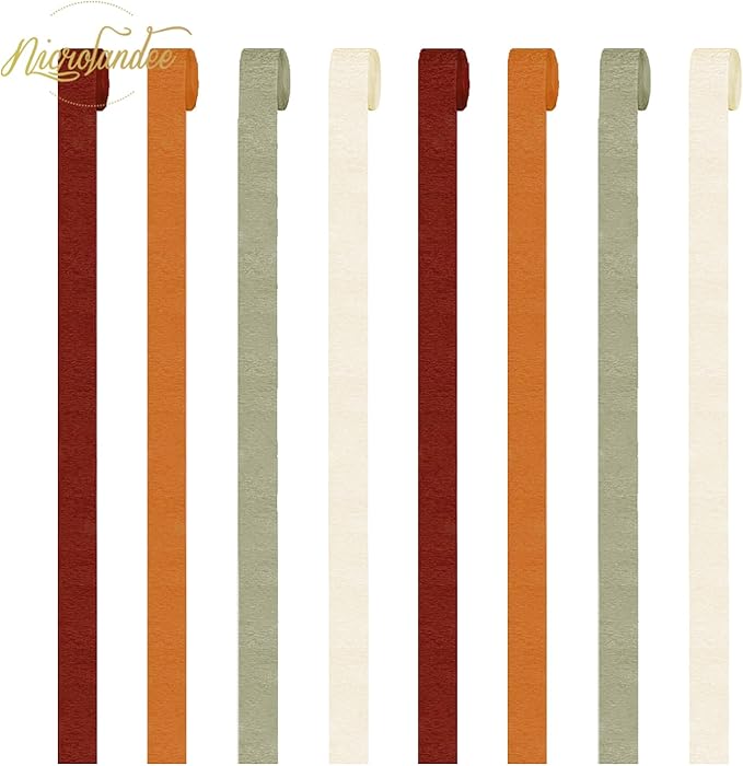 NICROLANDEE 8 Rolls Orange Burgundy Green Crepe Paper Streamers for Wedding, Birthday, Baby Shower, Bride Shower, Fall Decor, Garden Party, Woodsy Party Decorations