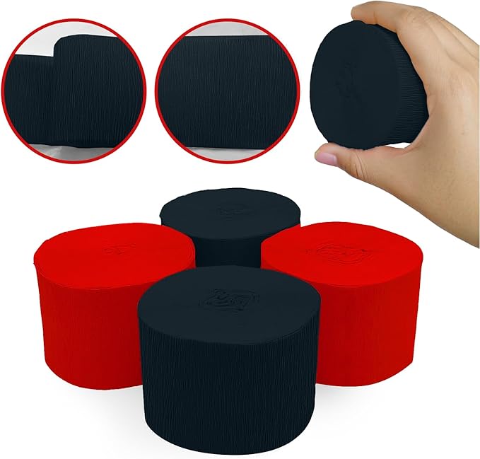4 Crepe Paper Streamers Rolls, 328ft Pack of Red and Black Crepe Paper for Birthday Wedding Baby Shower Party Decorations (1.8 inch x 82 ft/Roll)