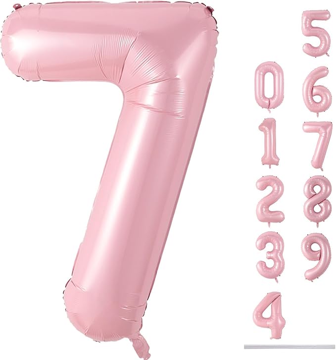 Light Pink Foil Balloon Number 7, 40'' Giant Self Inflating Number Balloons Set 0-9, Large Pastel Pink Number 7 Helium Balloon for Girls 7th Birthday Princess Party Decorations Supplies