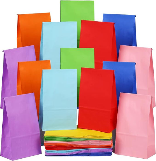 Clabby 100 Piece Colored Paper Bags Rainbow Goodie Small Size Lunch Bags Gift Treat Party Favor for Birthday Wedding Baby Shower Crafts, 8 Colors, 9.45 x 5.12 x 3.15 Inches(Bright Colors)