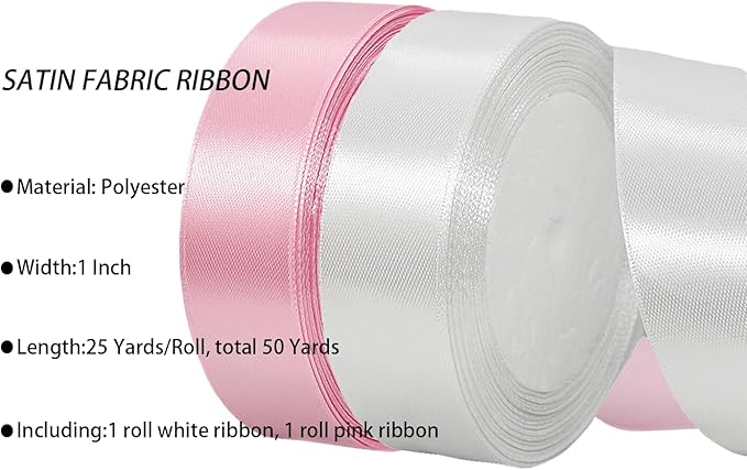 2 Rolls Pink White Ribbon, 1 Inch x 50 Yards Satin Pink Fabric Ribbon for Flower Bouquets, Gift Wrapping, DIY Crafts, Birthday Cakes, Holiday, Wedding Party and Mother’s Day Decorations