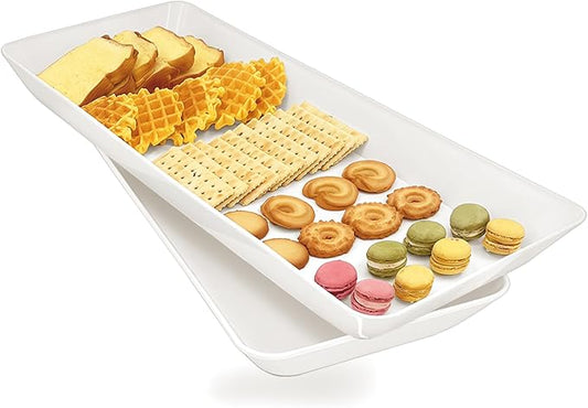 Serving Tray Platter Rectangle, 2 Pcs Long Narrow Food Tray for Veggie Fruit Snack Dessert, Plastic White Food Trays for Party Supplies Display, Rectangular Platters for Serving Food, BPA Free