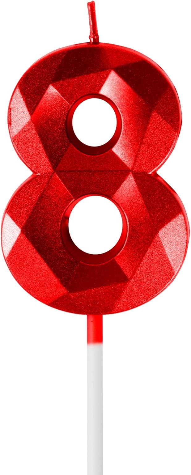 Number 8 Candles,8th Birthday Candles,Red Happy Birthday Candle for Cake,3D Design Cake Topper Decorations for Girl Women Pet Birthday Party Wedding Anniversary Celebration Supplies