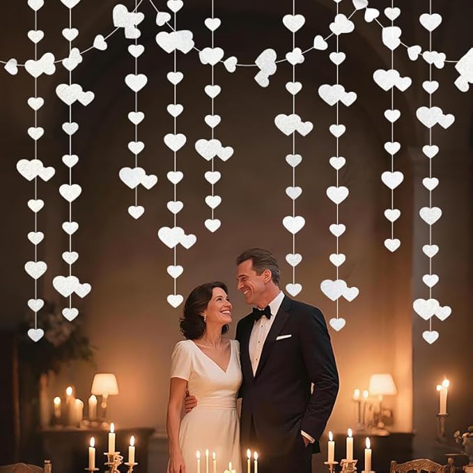 White Hanging Heart Garland Sparkling Love Streamer Glitter Bunting Banner Twinkle Heart Backdrop for Wedding Engagement Valentines Galentines Birthday Party Decor 40 Feet