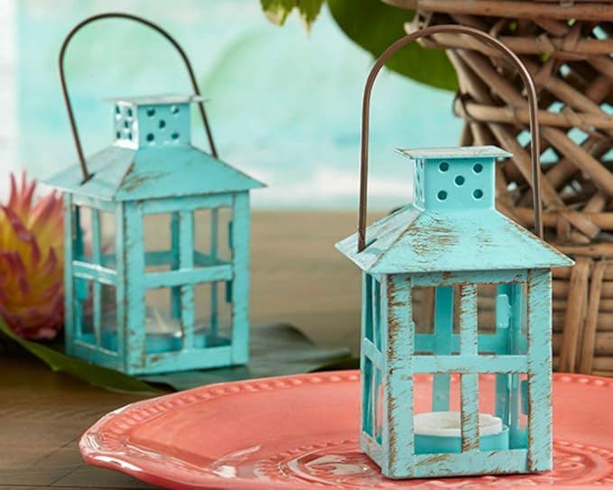 Kate Aspen Decorative Lantern, Vintage Metal Tealight Candle Lanterns, Centerpiece for Wedding Table, Accent Piece & Party Favor, Turquoise - 6 Sets