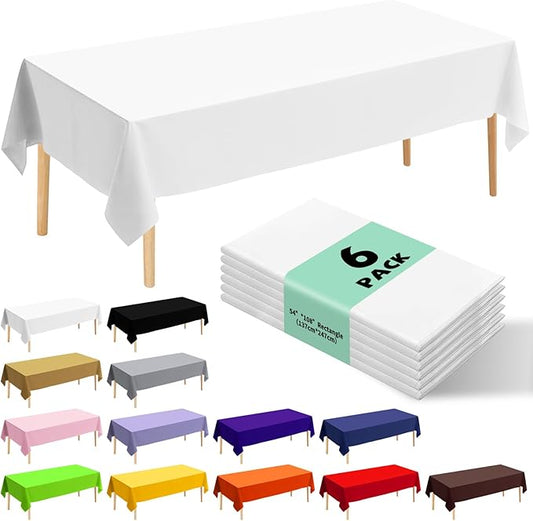 6 Pack Premium Disposable Plastic Tablecloth 54" x 108" Party Table Cloths Disposable for 6 to 8 Foot Tables Indoor or Outdoor Parties Birthdays Weddings Christmas Anniversary Buffet Table (White)