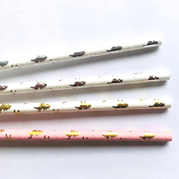 100 pcs Mixed Biodegradable Party Paper Straws, Pink Metallic Golden Rose Gold Silver Foil Pony Drinking Straws Bulk, Kentucky Horse Derby Baby Shower Birthday Wedding Cake Pop Sticks (Carousel Horse)
