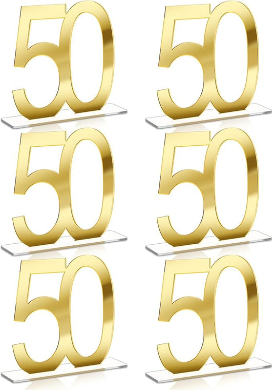 Threehoney 6 Pcs Mirror Gold 50th Birthday Decorations for Men and Women Acrylic Anniversary Decorations Table Numbers Centerpieces for Birthday Party