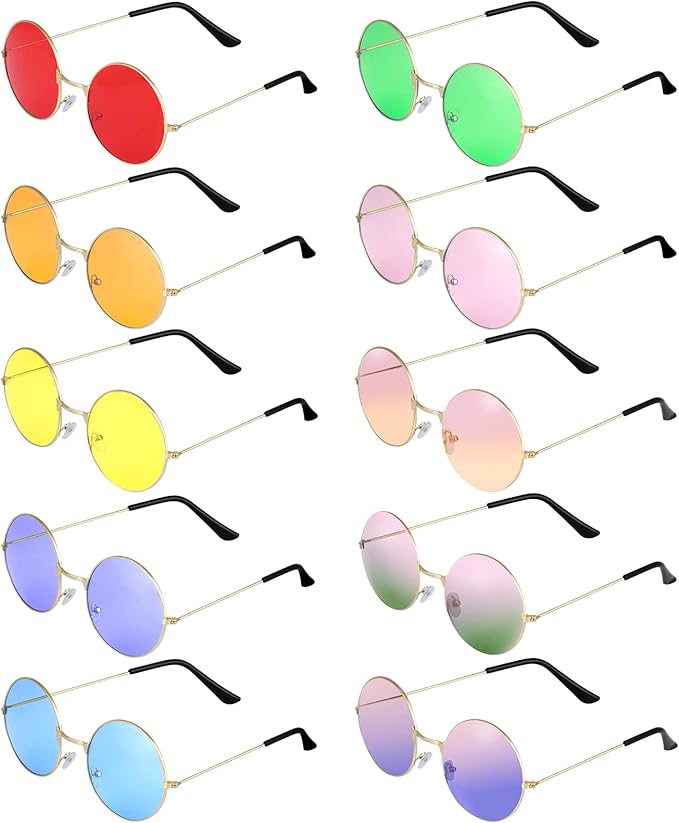 ONESING 8-20 Pairs Round Hippie Sunglasses Circle Sunglasses for Women Glasses Multicoloured Hippie Headband Disco Party