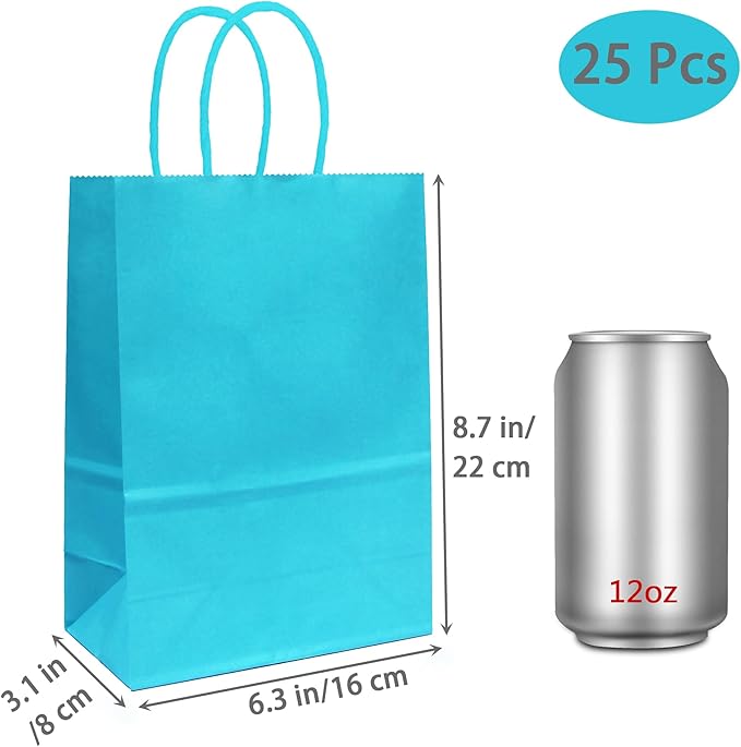 ADIDO EVA 25 PCS Lake Blue Gift Bags Small Paper Bags with Handles for Party Favor (8.2 x 6 x 3.1 in, Light Blue)