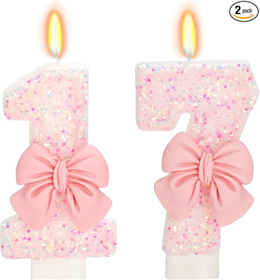 Number 17 Pink Bow Birthday Candle, 3" Tall, Smokeless, Non-Toxic, Modern Style, Celebration Decoration