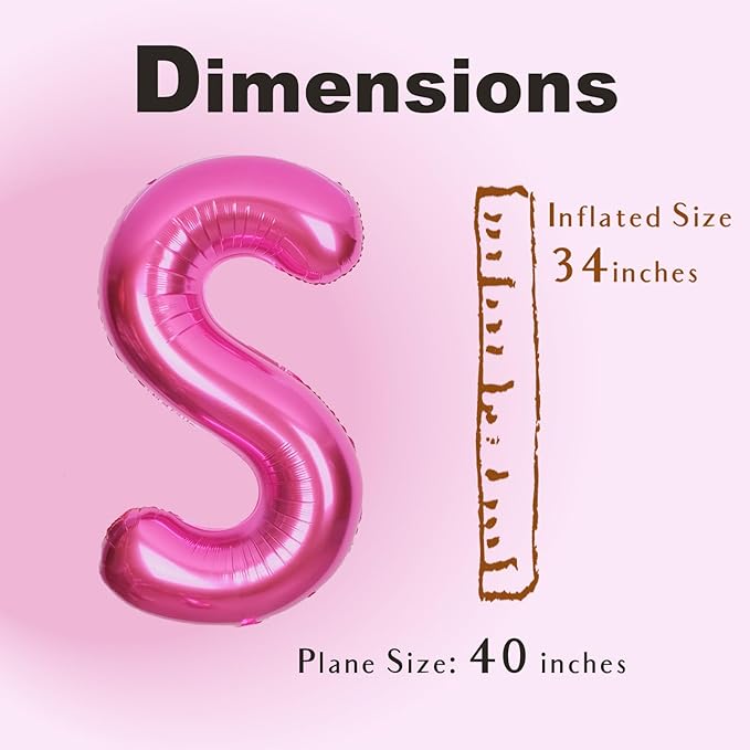 SUWEN 40 Inch Hot Pink Large S Letter Balloons Big Foil Helium Letter Balloons A-Z Jumbo Mylar Happy Birthday Party Decorations for Woman Anniversary Party Supplies