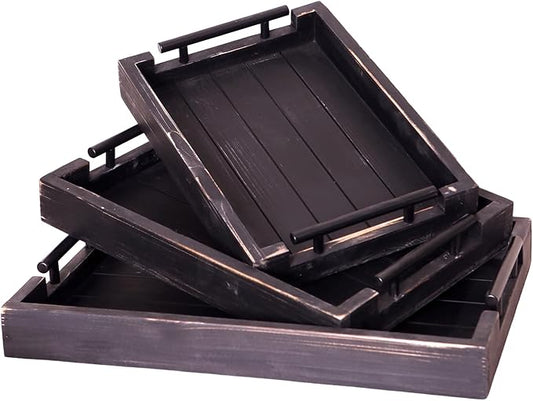 Coffee Table Tray Decorative Nested Vintage Wood Serving Tray Set for Eating, Trays for Eating on Couch Breakfast, Party, Kitchen,Ottoman,Tea Coffee Table Large (Rustic Black, 3Pc)