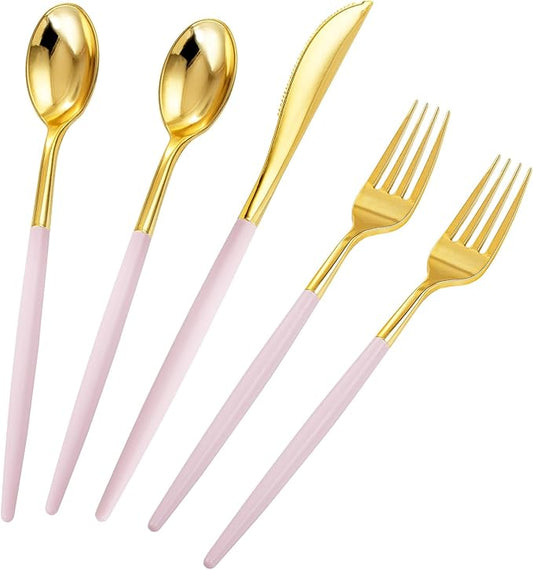 Rubtlamp 90Pcs Gold Plastic Silverware, Fancy Utensils Set With Pink Handles Include 30 Gold Knives, 60Plastic Forks and Spoons, Pink Silverware Heavy Duty For Mother's Day