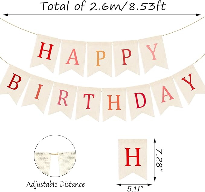 Doumeny Happy Birthday Burlap Banner Boho Birthday Garland Banner Red Bohemian Theme Hanging Bunting White Happy Birthday Bunting Garland Colorful Birthdays Sign Flag for Women Men Kid Party Backdrop