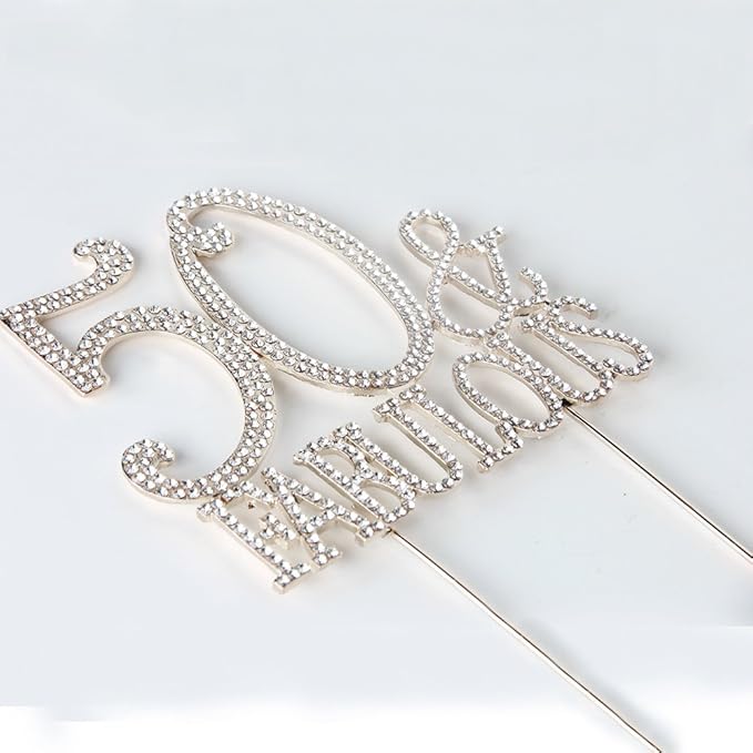 50 & Fabulous Cake Topper 50 Years Birthday Or 50th Wedding Anniversary Silver Crystal Rhinestone Party Decoration