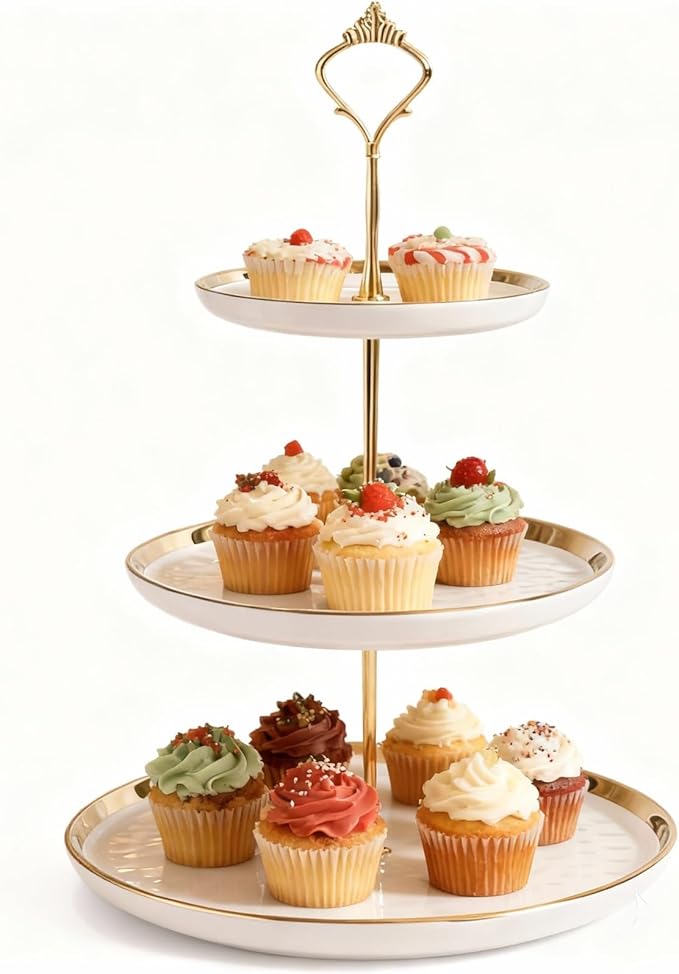 3-Tier Ceramic Cupcake Stand with Gold Trim - Elegant Dessert Serving Platter for Cakes, Pastries, Snacks & Fruits - Parties, Afternoon Tea & Home Decor (White)