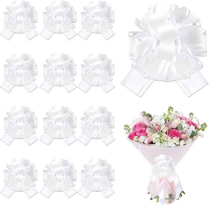 12 Pcs White Gift Bow Pull Bows for Gift Warpping Christmas Warp Ribbon Bow Party Birthday Wedding Solid Bows for Bikes Anniversary Boxes Flower Decorations Valentine's Day (White-E)