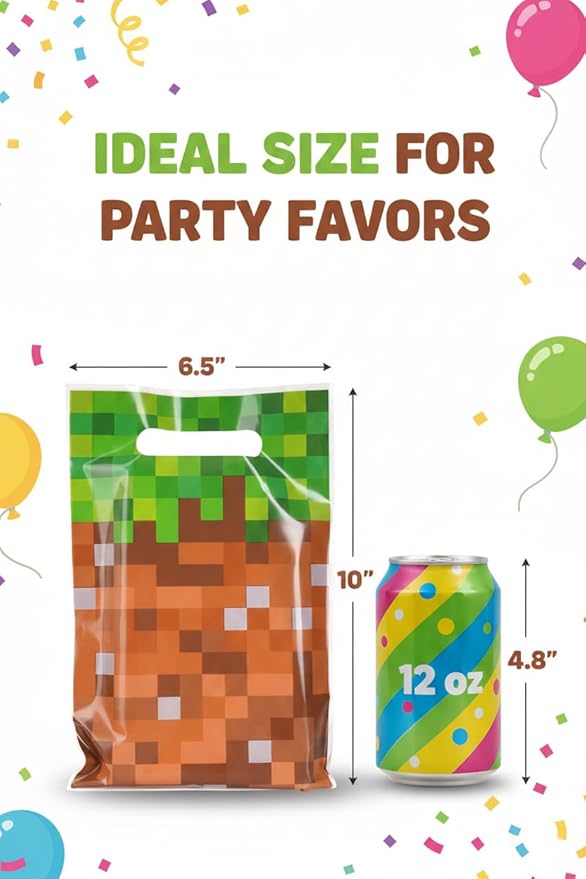 Camtoms 60 pcs Goodie Bags, Party Bags, Gift Bags for Boys Birthday, Party Favors, Treats, Candy, Pixel Style, 6x10 inch