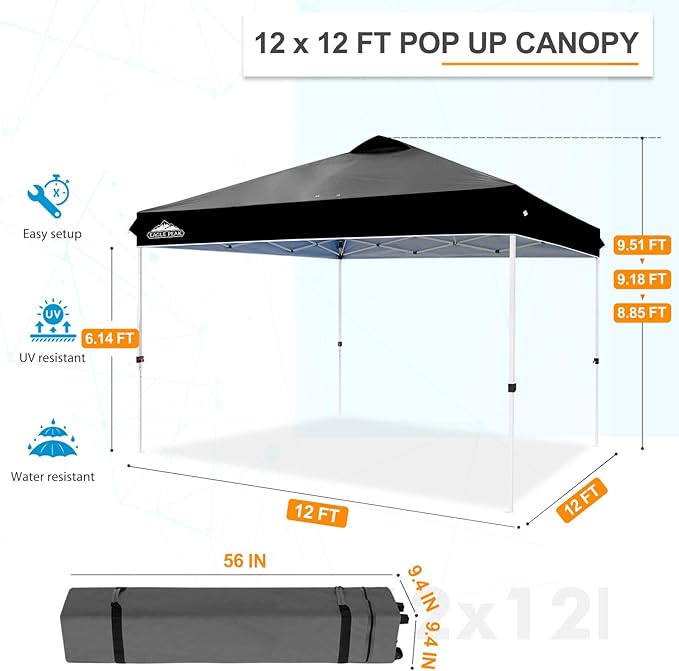 EAGLE PEAK Pop Up Canopy Tent with Wheeled Carry Bag, 8 Stakes, 4 Ropes, 4 Weight Bags, Easy Set Up Tent Canopy, 12x12 ft, 144sqft of Shade, Black