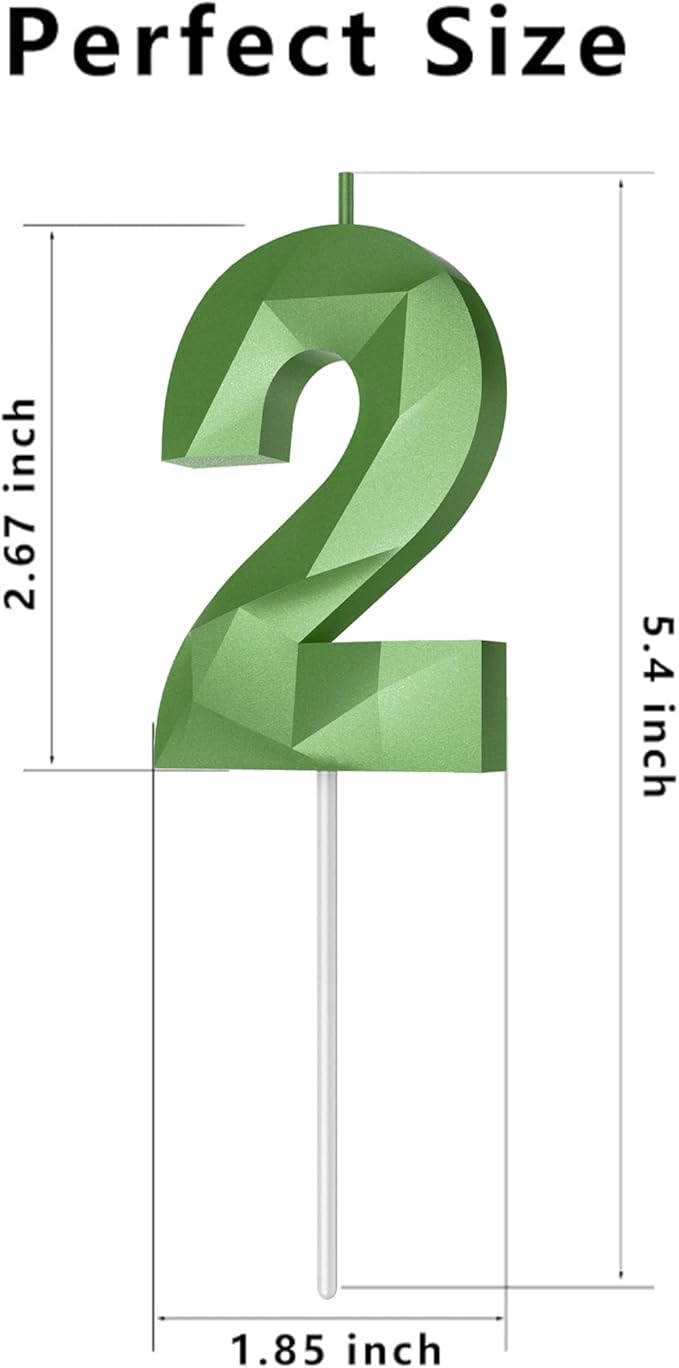 Number Birthday Candles(2 Candle Green) 3D Diamond Shape Number Happy Birthday Cake Candles for Birthday Party Wedding Decoration Reunions Theme Party