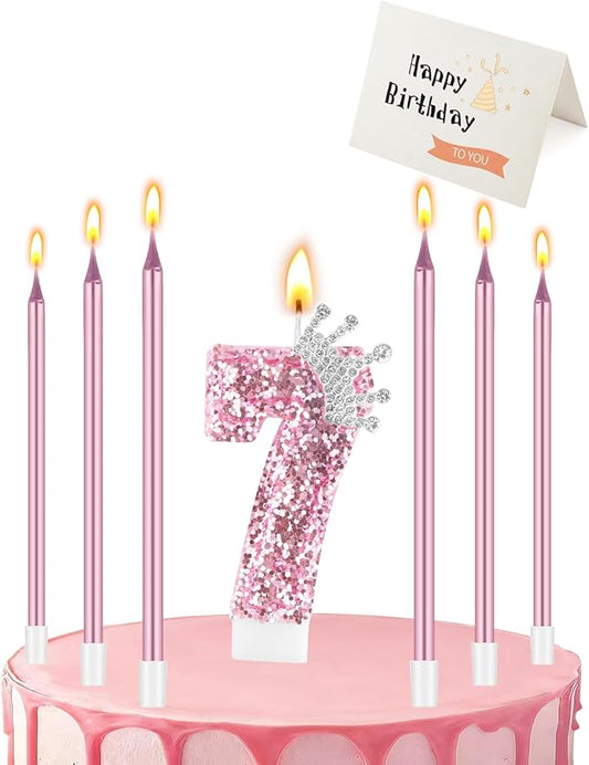 Birthday Candles for Cake, Pink Number Candles, Cake Candles with Greeting Card for Birthday Party Wedding Anniversary Celebrations (7 Candle, Silver Crown)