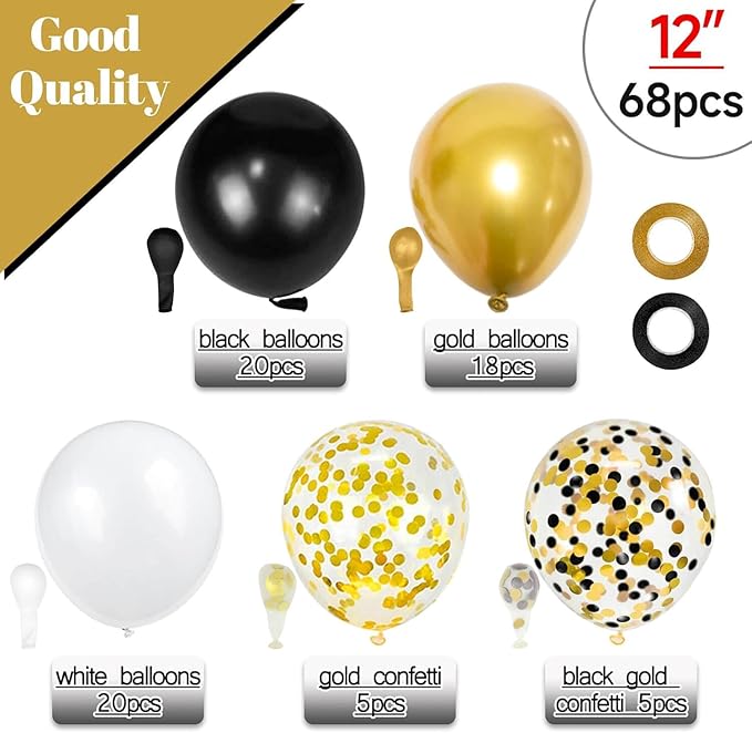 68Pcs Black White Gold Balloons with 12 Inch Black Gold Confetti Balloons for Graduation Birthday Wedding Party Decorations
