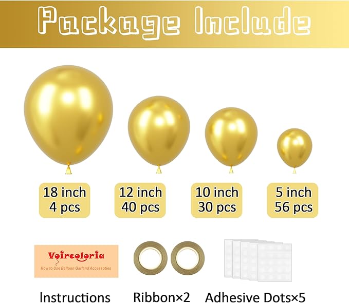 Voircoloria 130pcs Metallic Gold Balloons Different Sizes 18" 12" 10" 5" Party Latex Balloons for Birthday Graduation Baby Shower Wedding Anniversary New Year Party Decorations