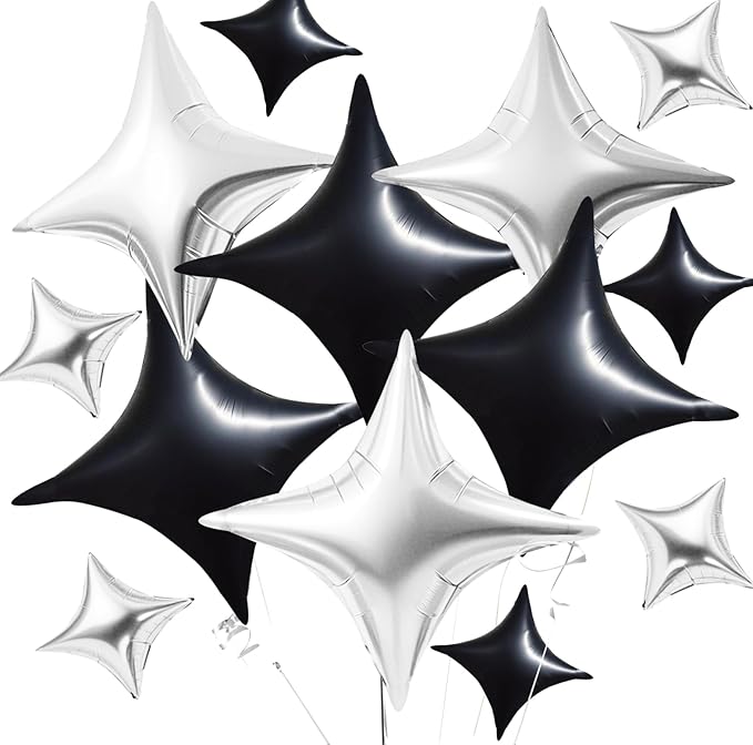 TONIFUL 30Pcs 26In&10In Star Balloons Black and Silver Four Pointed Foil Mini Star Mylar Balloons for Birthday Wedding Baby Shower Anniversary Engagement Party Decor Supplies