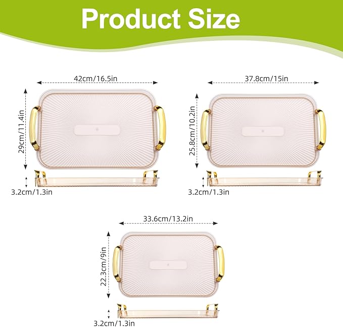 3 Pack Serving Tray with Handles, Stackable Reusable Trays for Serving Food, Plastic Serving Platters for Party, Charcuterie, Fruit, Appetizer, Amber Gold