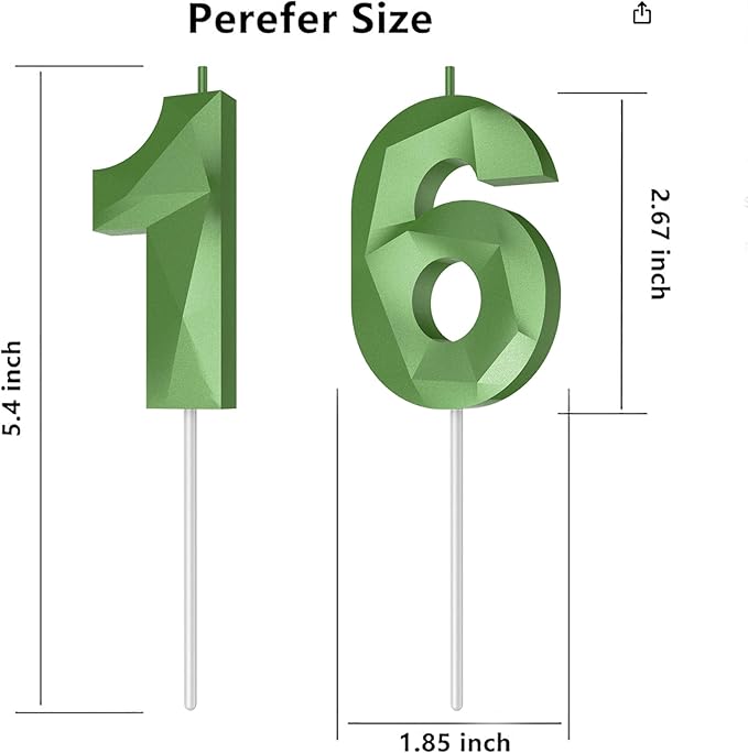 Number Birthday Candles(16 Candle Green) 3D Diamond Shape Number Happy Birthday Cake Candles for Birthday Party Wedding Decoration Reunions Theme Party