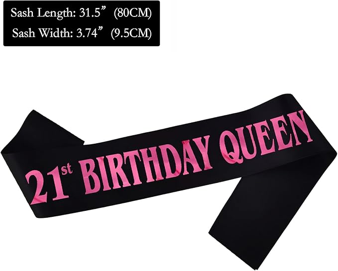 21st Birthday Queen Sash, Pink Foil Black Satin Birthday Sash for Women 21st Fabulous Birthday Party Gift Decorations Favors