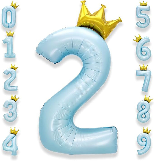 AULE 40 Inch Big Light Blue 2 Balloon Number with Crown Large Foil Helium Number Balloons 0-9 Jumbo Giant Happy 2nd Birthday Party Decorations Huge Mylar Anniversary Party Supplies
