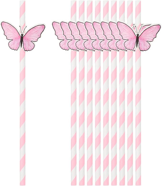 uxcell 40Pcs Butterfly Stripe Paper Straws, Drinking Straws Cake Decorations for Wedding Birthday Party Supplies, Pink